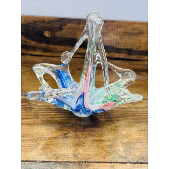 Vintage Murano Pastel Rainbow Swirl Hand Blown Art Glass Basket Bowl - Picture 4 of 5